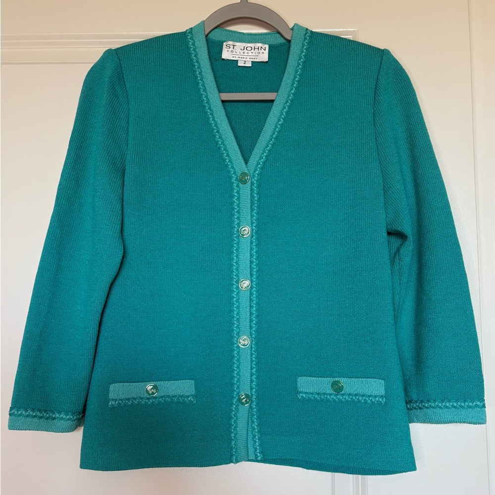 St. John Collection by Marie Gray Luxury Knit Turquoise Cardigan Sweater Size 2